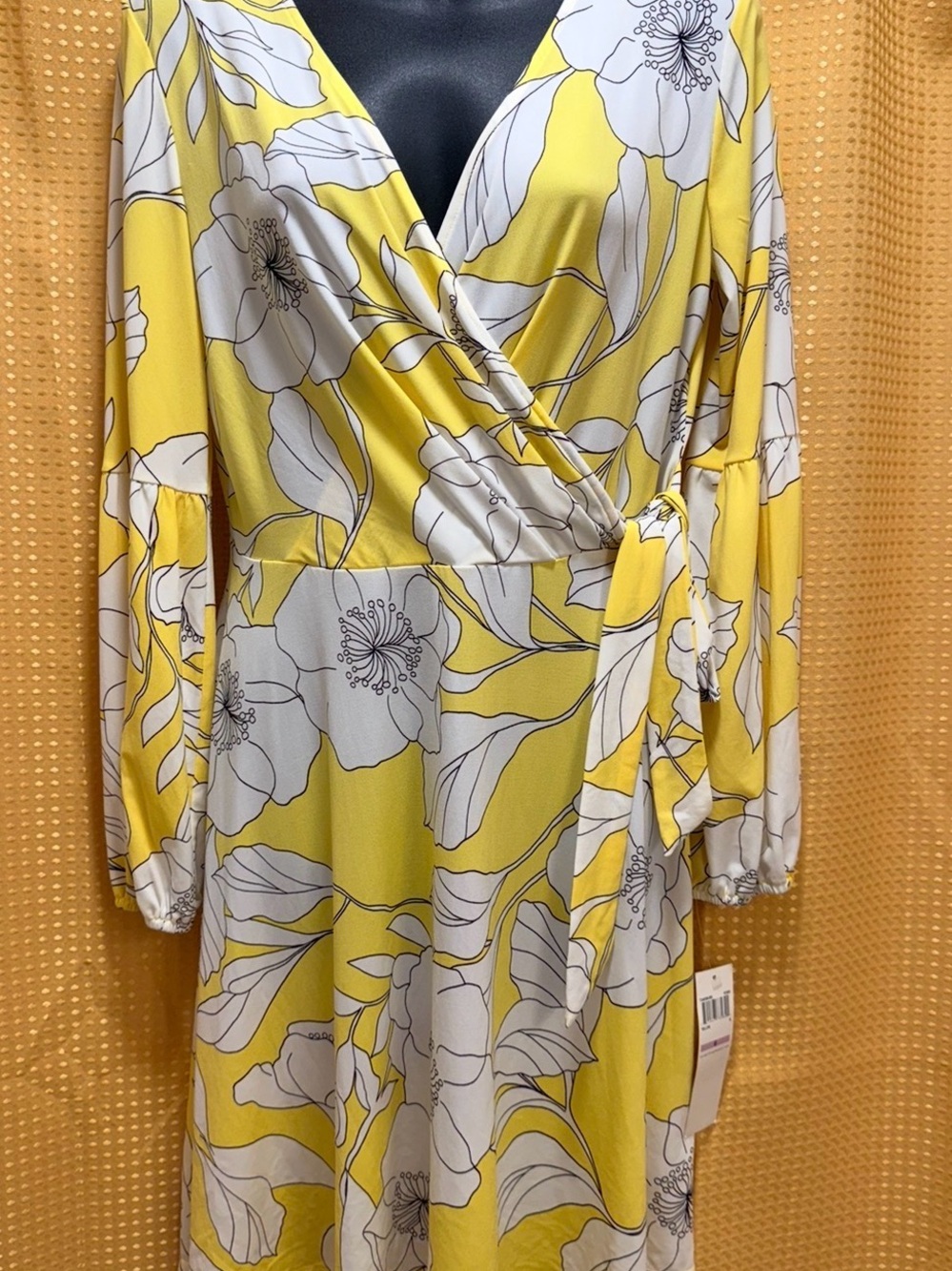 London Times Yellow Floral Wrap Midi Dress with White Blooms